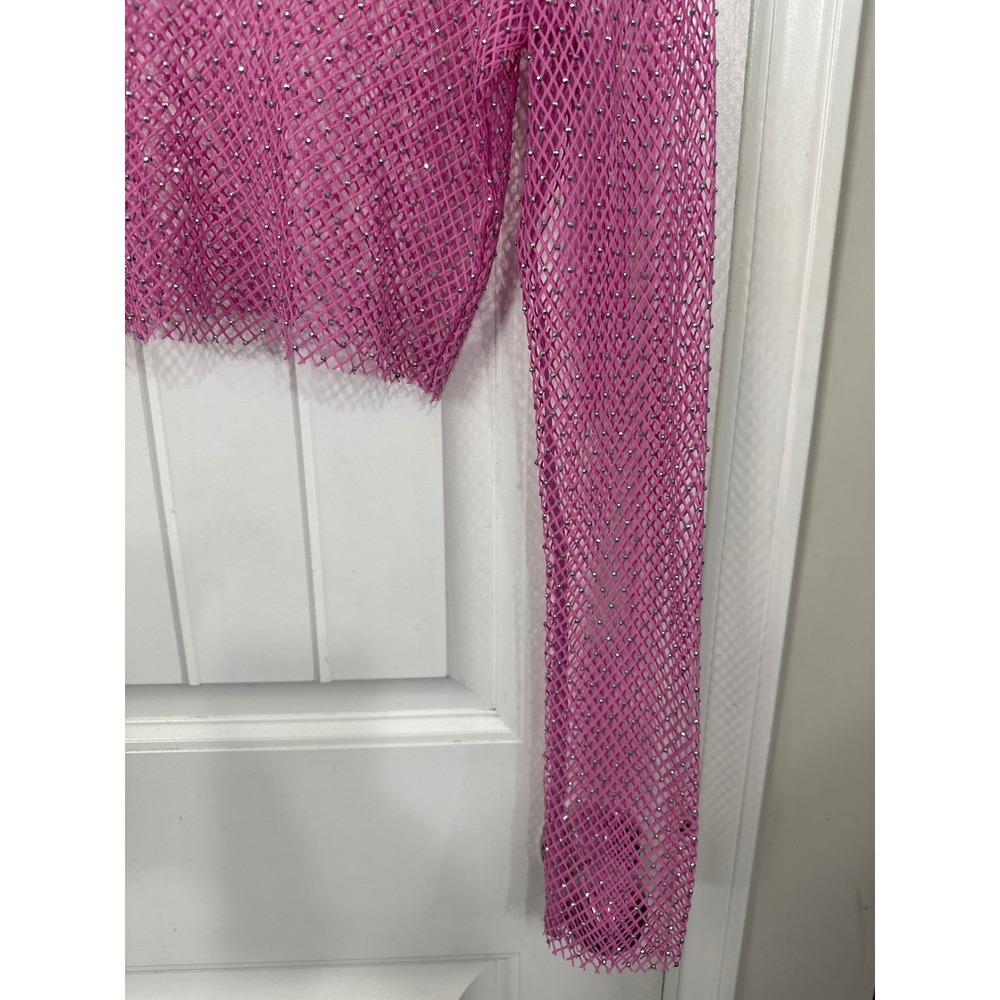 Pink Rhinestone Fishnet Mesh Crop Top Long Sleeve Medium Festival Rave Retro - Picture 5 of 6